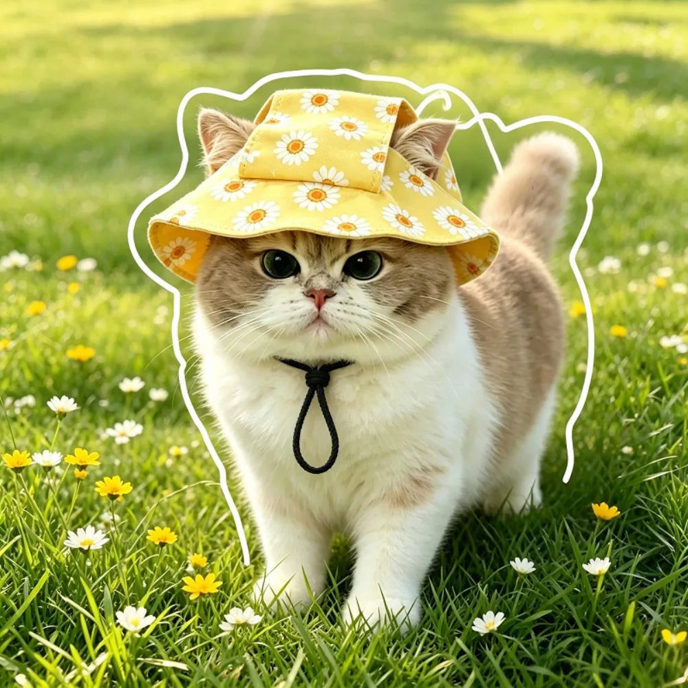 Cotton Bucket Sun Hat with Ear Holes for Cats & Small Dogs