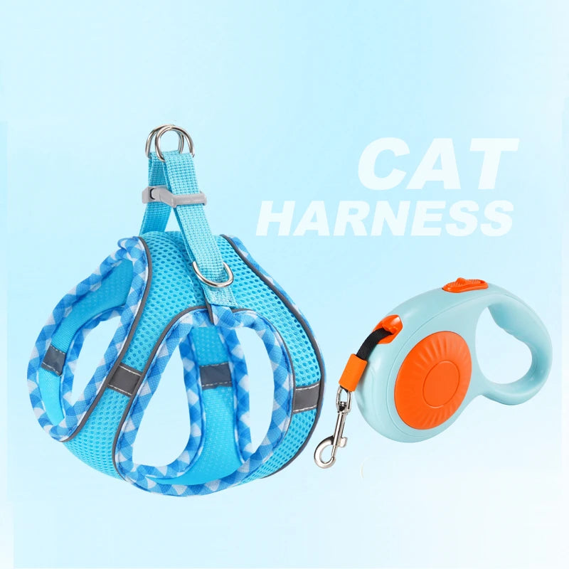 Reflective Padded Pet Harness & Retractable Lead Set — Tangle-Free for Small Dogs & Cats