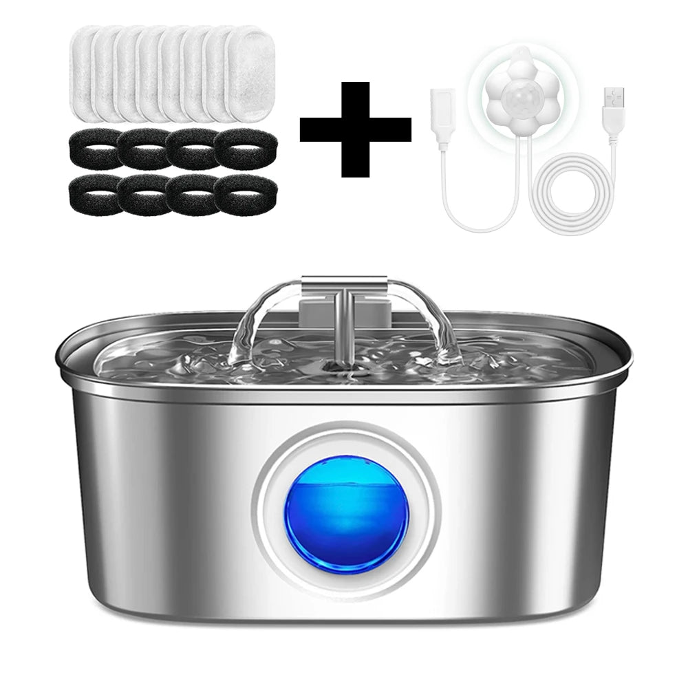 Stainless steel automatic cat water dispenser, pet water dispenser with visual window, USB powered cat fountain