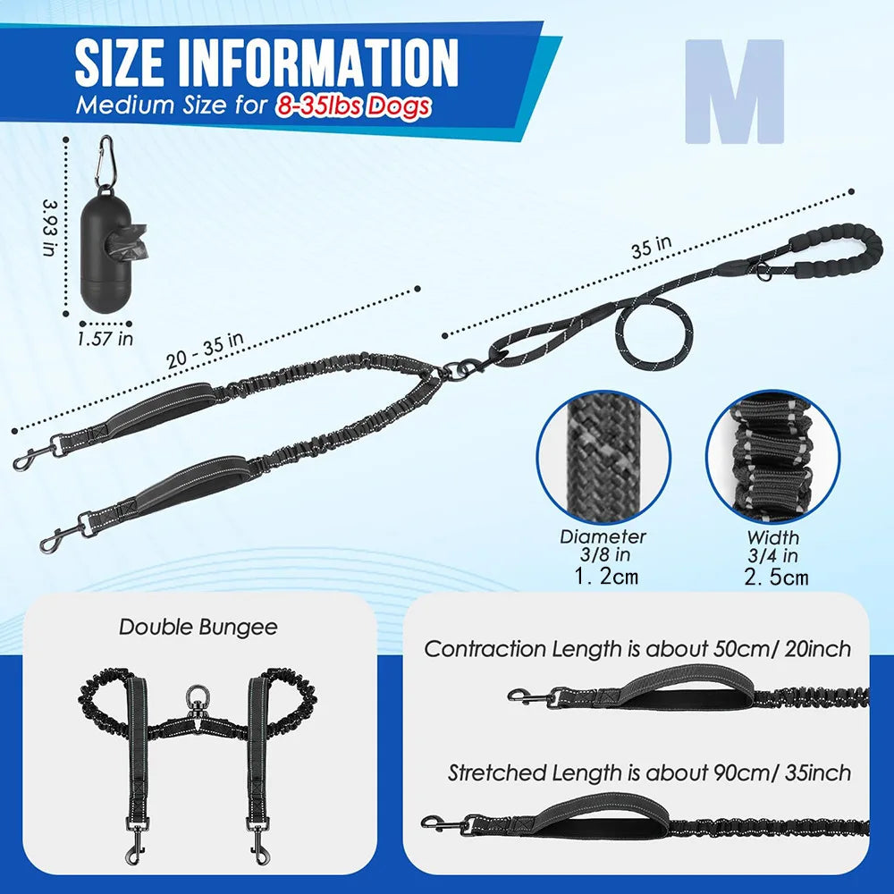 Double Dog Leash with Elastic Shock Absorber