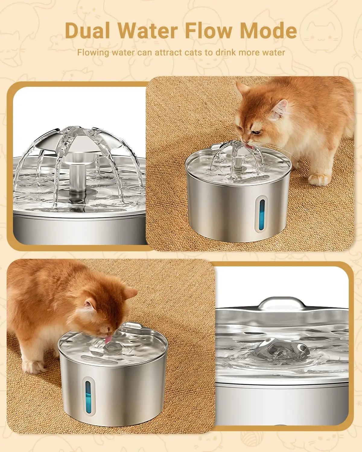 Distributeur d'eau pour animaux de compagnie en acier inoxydable de 2,2 L avec double mode de sortie et conception de sortie de fleur pour que les animaux apprécient davantage de boire de l'eau