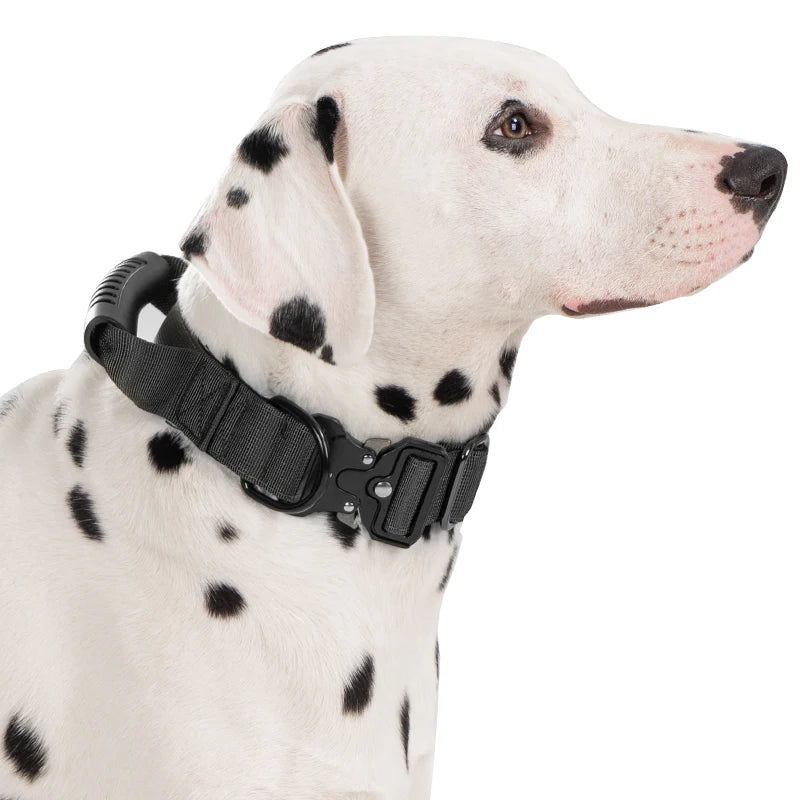 Heavy Duty Tactical Dog Collar with Handle — Metal Buckle Training Collar for Medium & Large Dogs