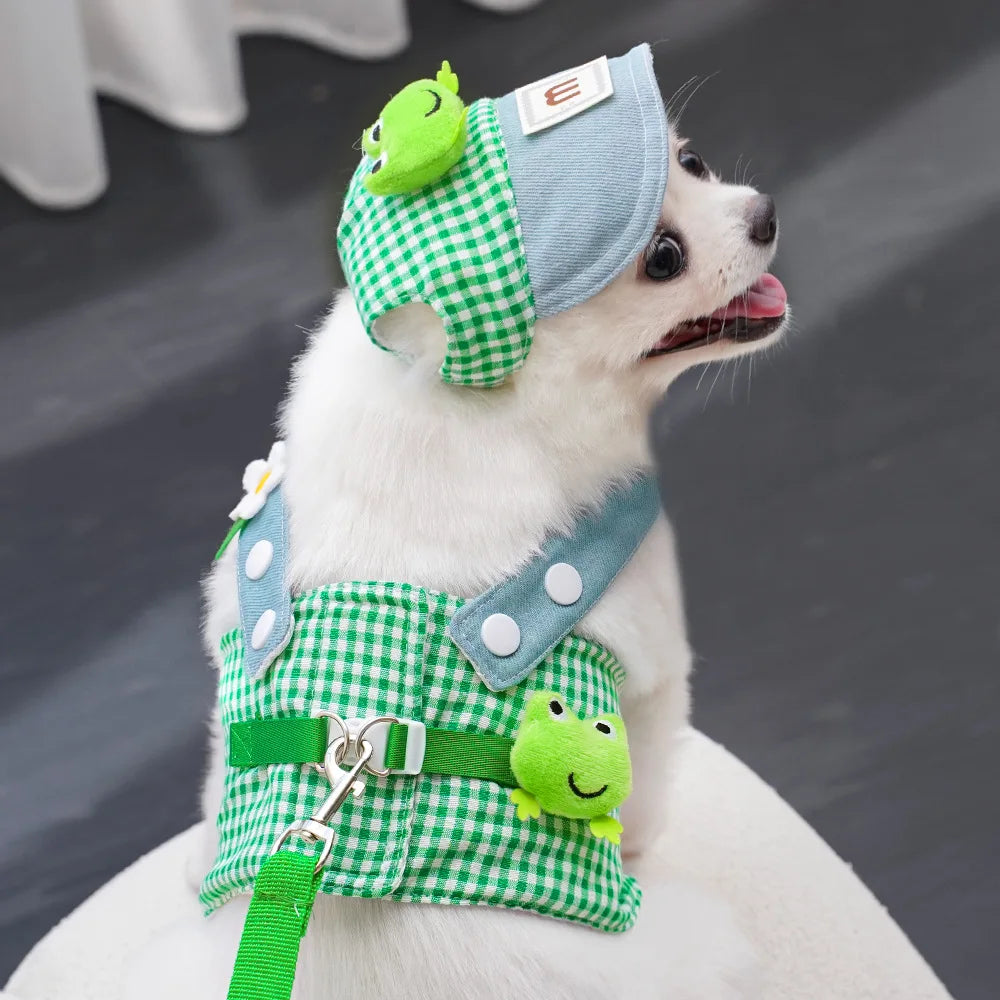 3-Piece Cartoon Pet Harness, Leash & Sun Hat Set – Vest Harness Costume for Cats & Small Dogs