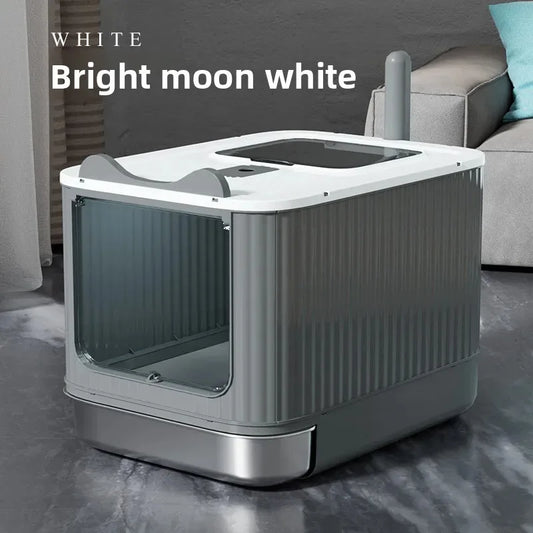 XXL Stainless Steel Enclosed Self-Cleaning Cat Litter Box — Anti-Splash Drawer in White, Yellow & Pink