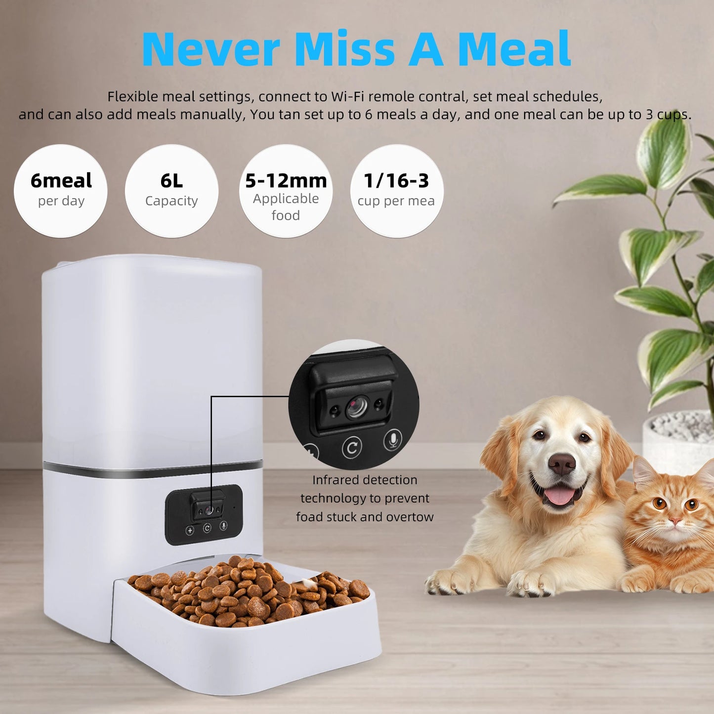 6L Automatic Pet Feeder with Night Vision Camera — Smart Voice Recording Food Dispenser for Cats & Dogs