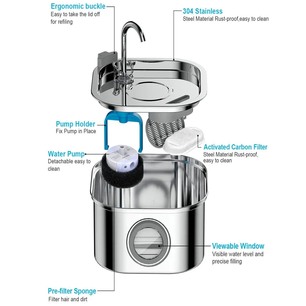 Stainless Steel Smart Pet Water Fountain with Sensor — 3.2L