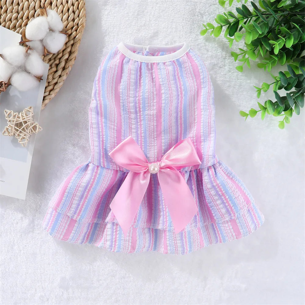 Robe de princesse pour animaux de compagnie - Robe d'été à rayures et carreaux avec nœud pour chats et petits chiens