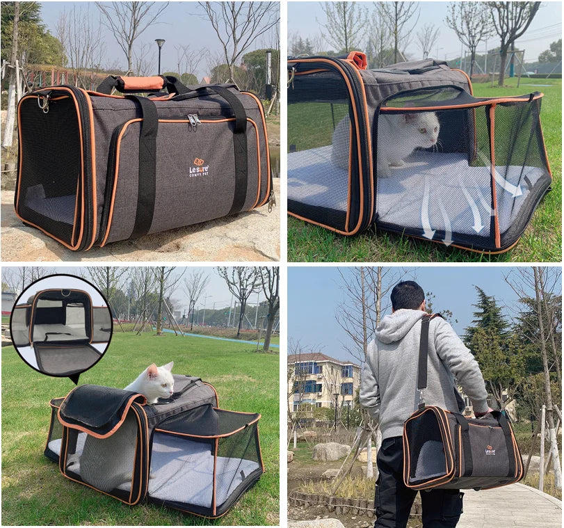 Expandable Pet Carrier with Fleece Pad & Storage Pockets