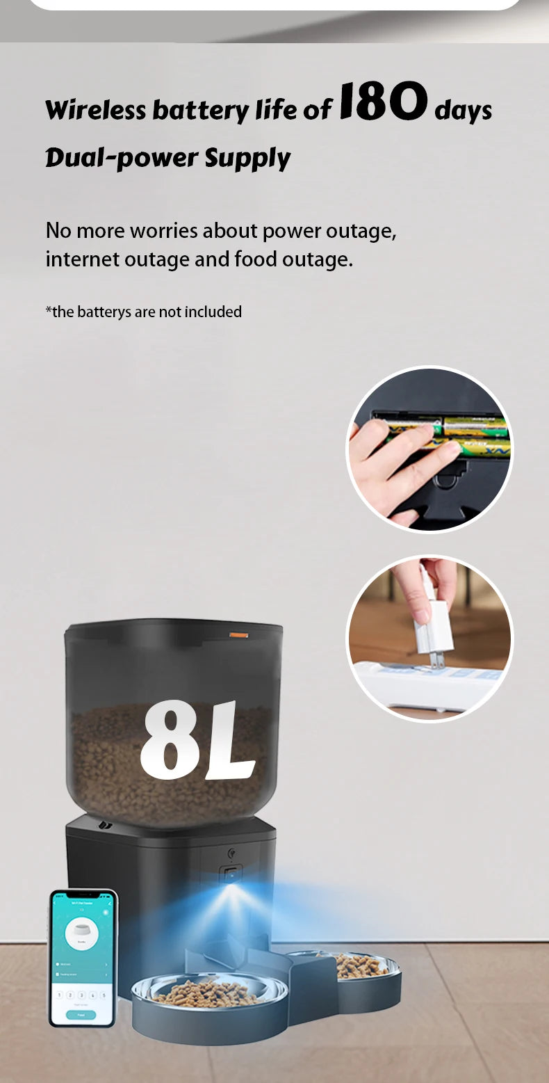 8L Smart Pet Feeder with 1080P Camera, Night Vision & Stainless Steel Bowl — 5G Wi-Fi & Tuya App