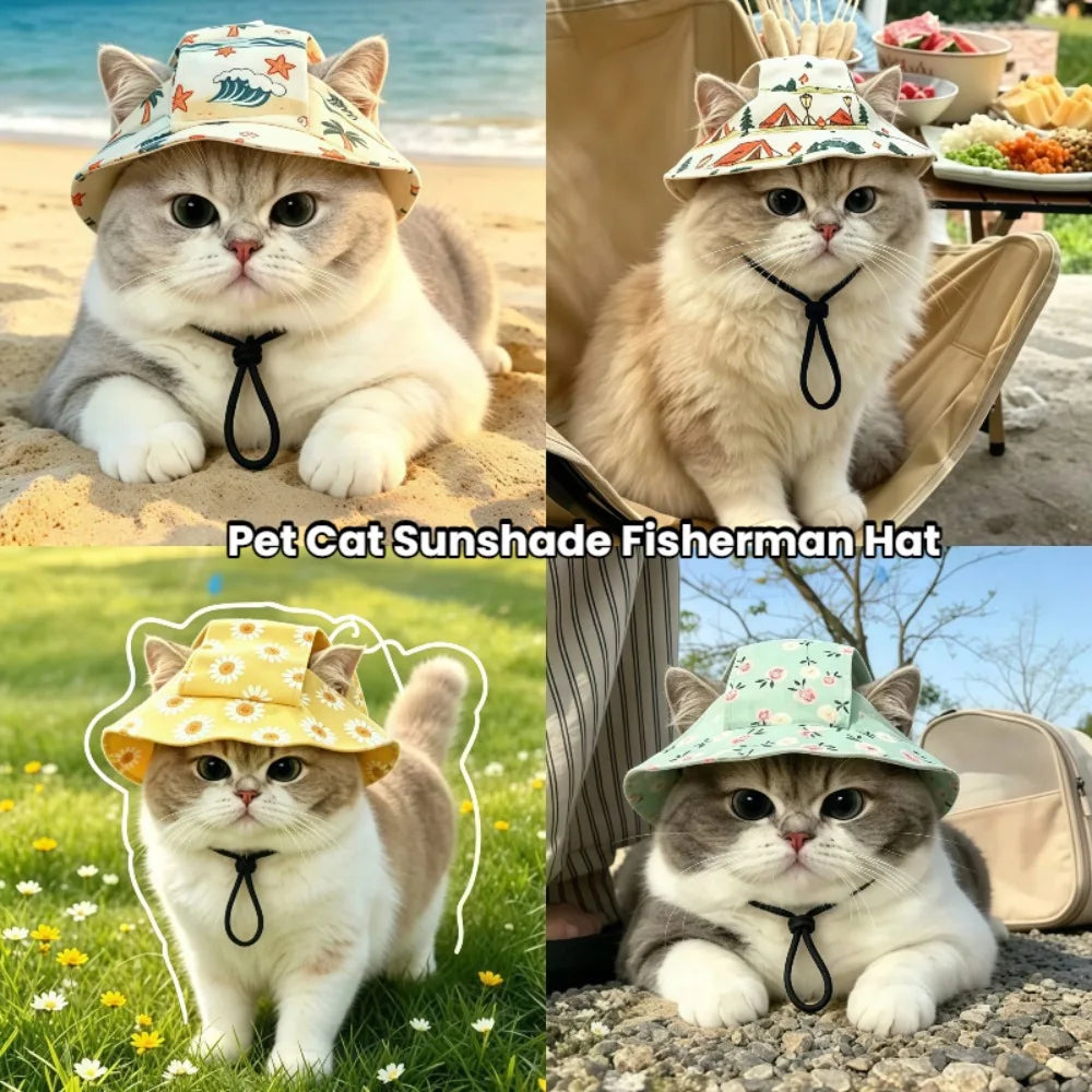 Cotton Bucket Sun Hat with Ear Holes for Cats & Small Dogs