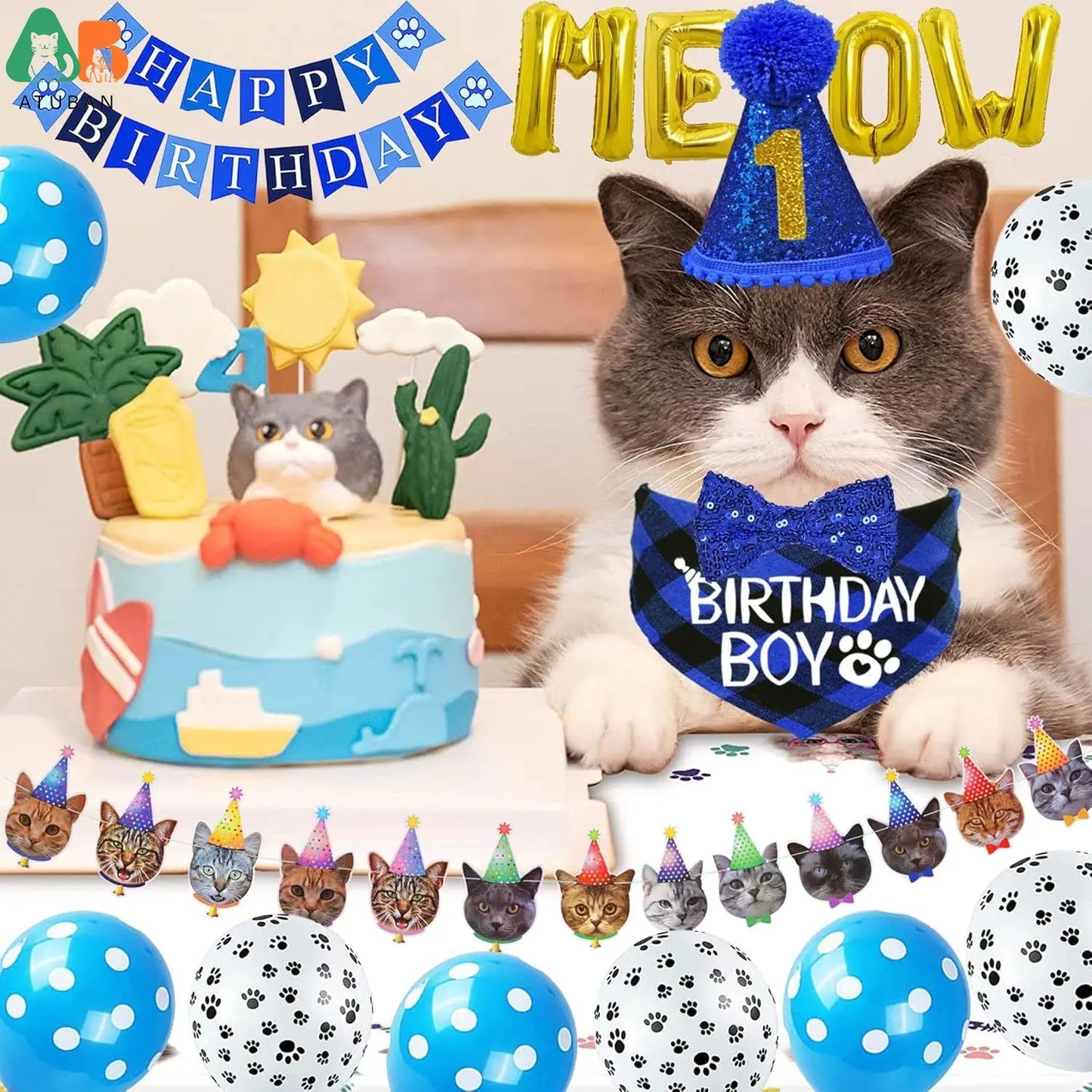 Fournitures d'anniversaire pour chat - Ensemble chapeau, bandana et nœud papillon