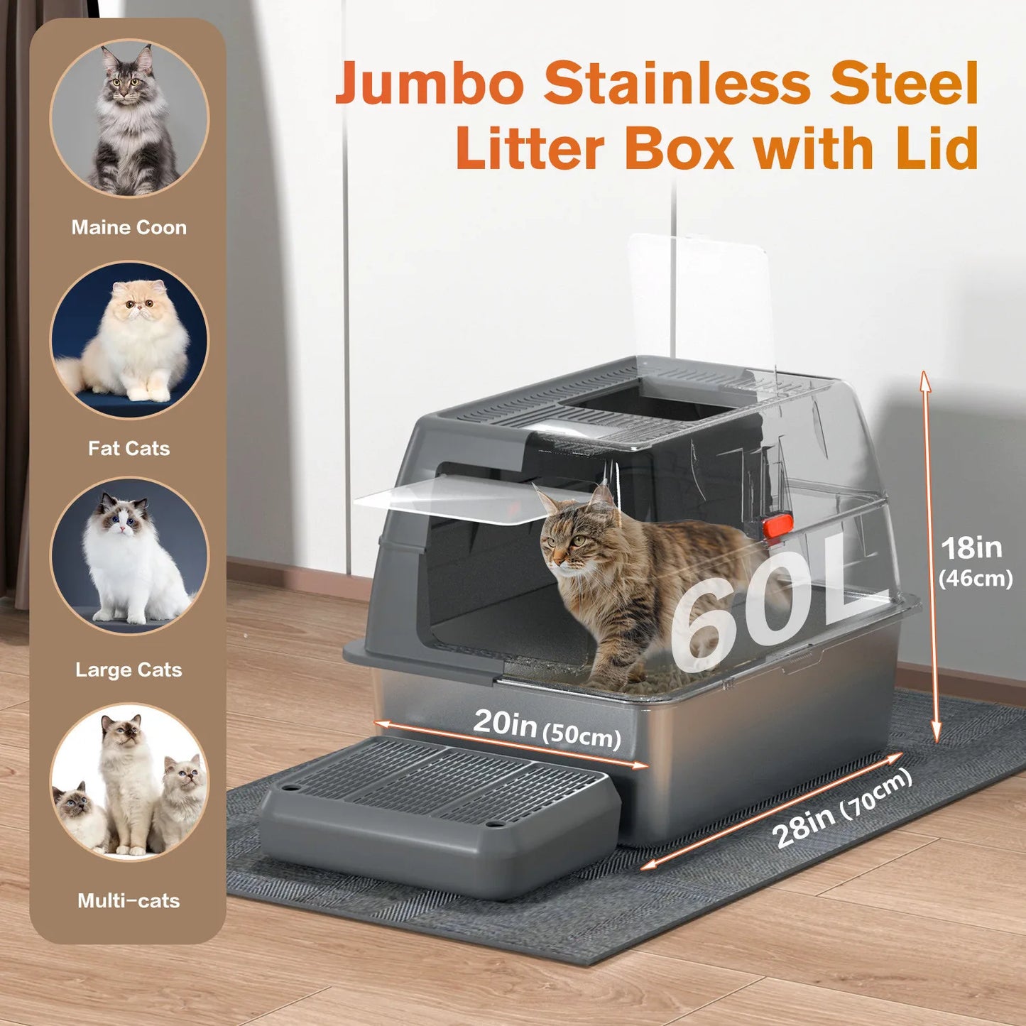 Extra Large Enclosed Stainless Steel Cat Litter Box with Lid