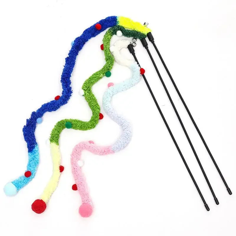 Rainbow Caterpillar Cat Wand Toy with Bell – Interactive Feather Stick