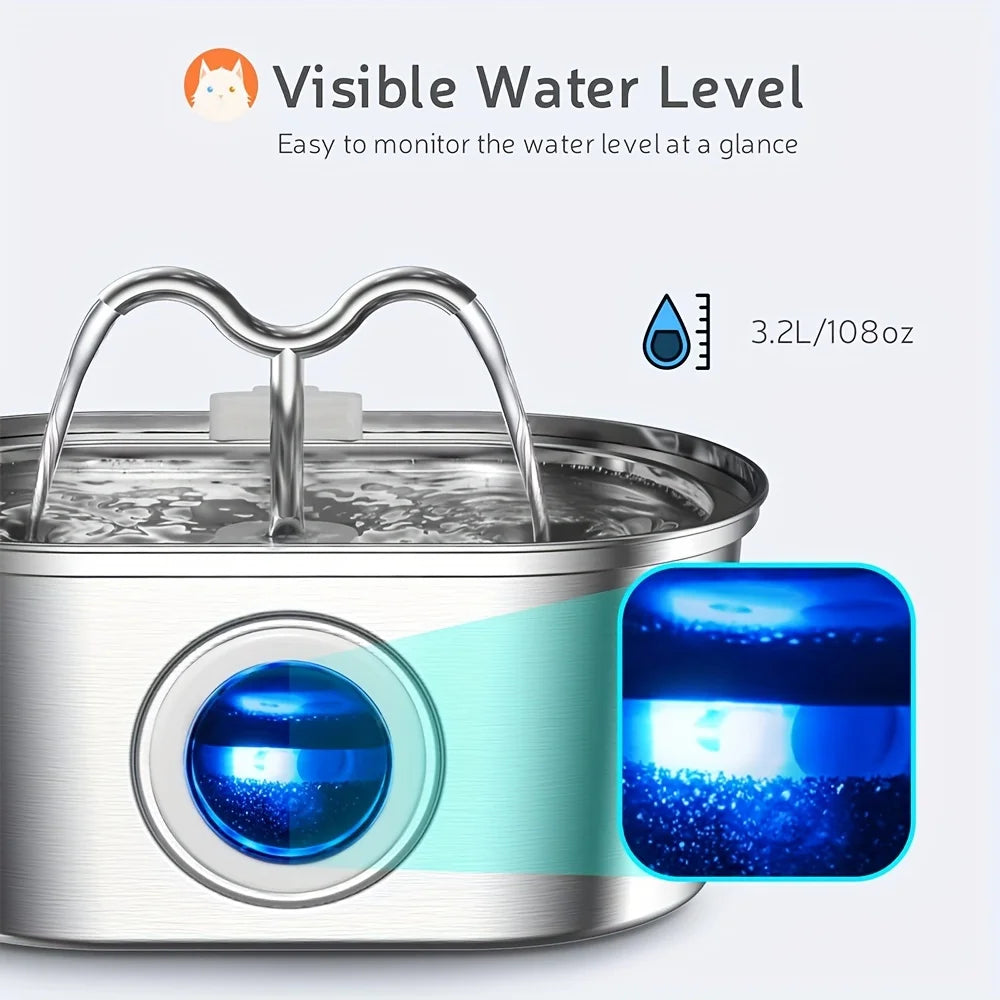 Distributeur d'eau pour animaux de compagnie en acier inoxydable 3,2 L, fontaine à eau automatique pour chat, distributeur d'eau intelligent pour chien, bol d'eau avec fenêtre visuelle, accessoires pour animaux de compagnie