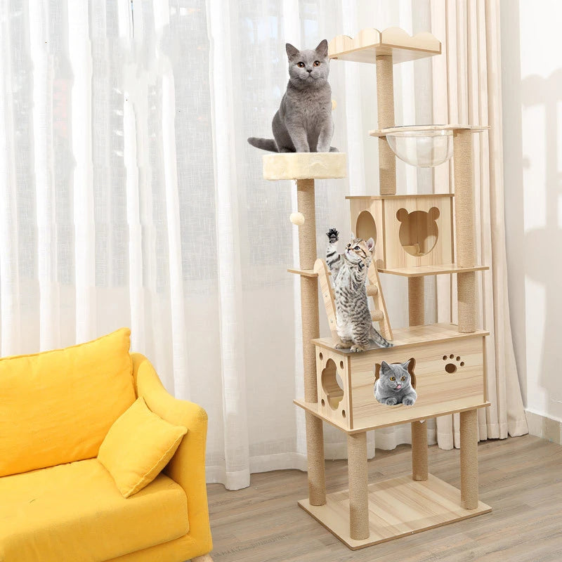 Multi-Level Wooden Cat Tree with Sisal Scratching Posts