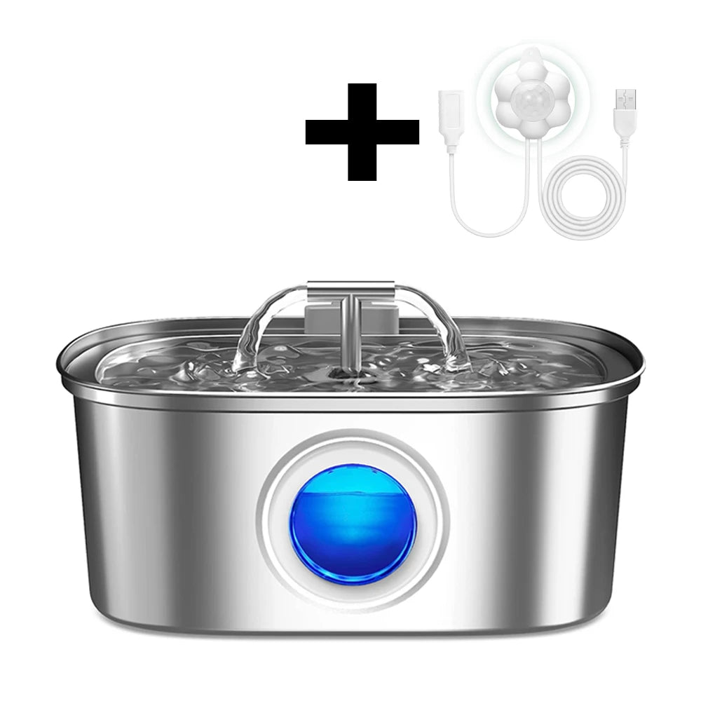 Stainless steel automatic cat water dispenser, pet water dispenser with visual window, USB powered cat fountain
