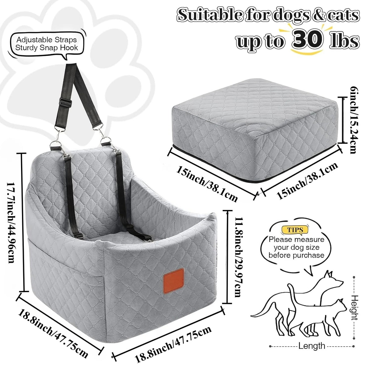 Elevated Memory Foam Dog Car Booster Seat with Storage Pockets