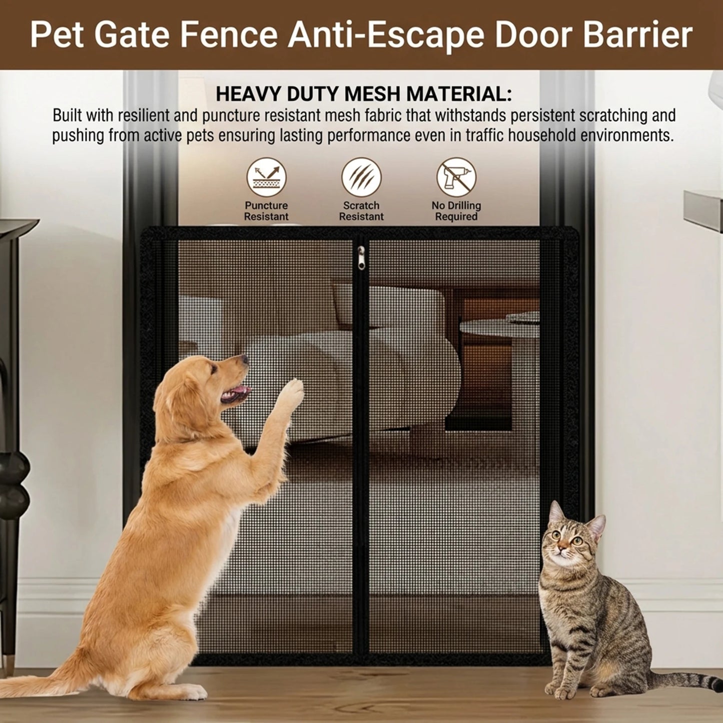 No-Drill Mesh Pet Gate Fence for Cats & Dogs