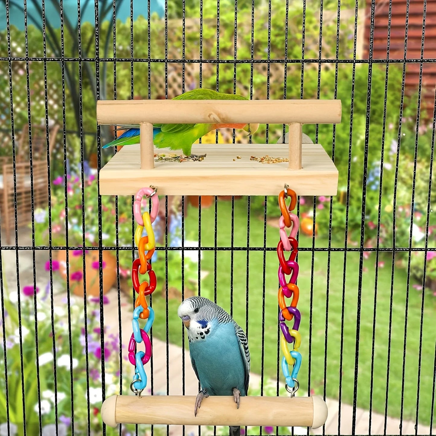 Plateforme de cage à oiseaux en bois avec balançoire et pont de corde