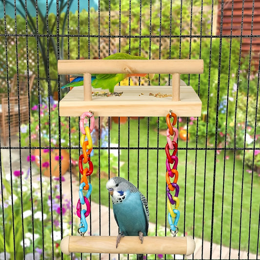 Wooden Bird Cage Platform Set with Swing and Rope Bridge