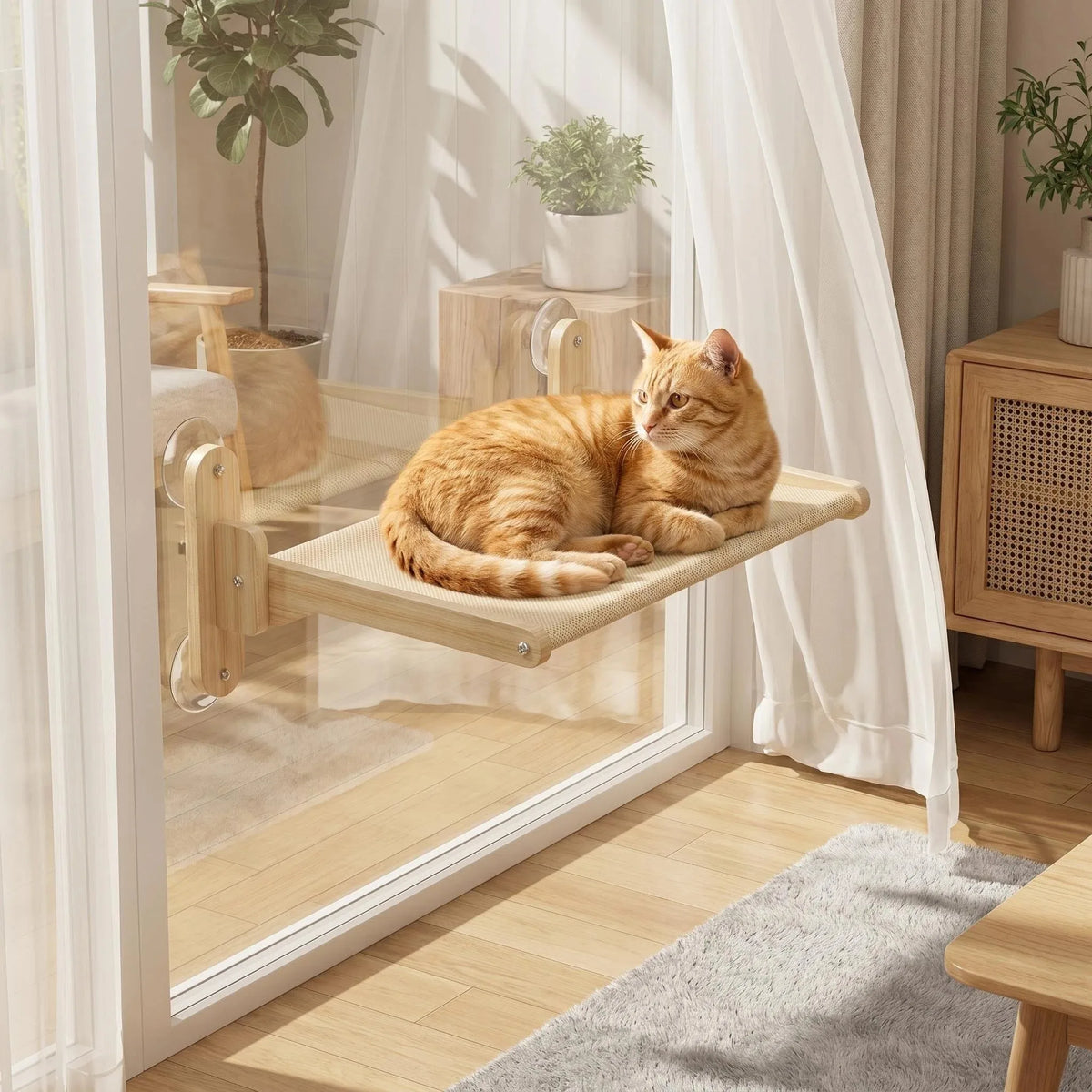 Large Wall-Mounted Cat Hammock – Solid Wood Frame with Suction Cups