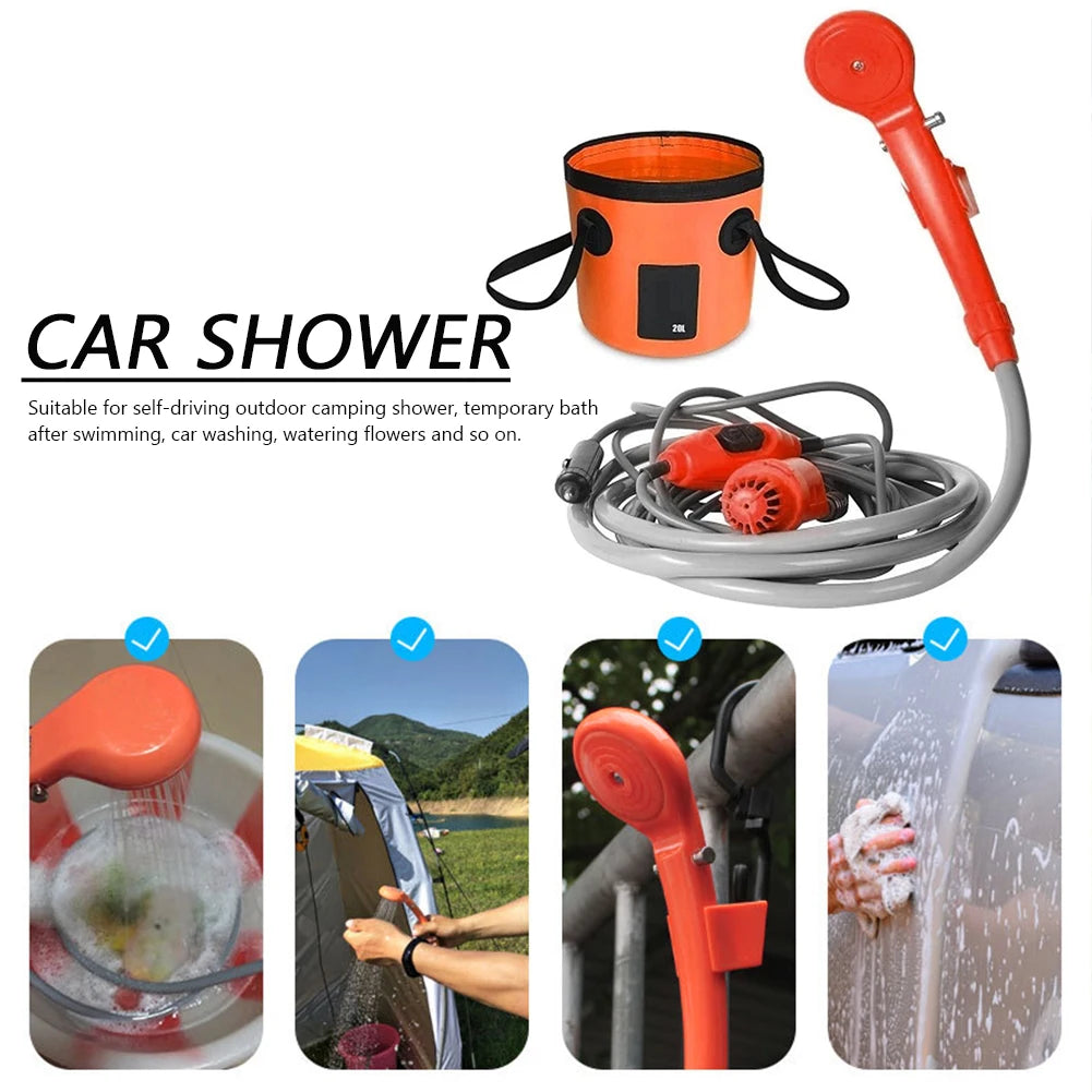 12V Portable Camping Shower Pump with Foldable Bucket Options