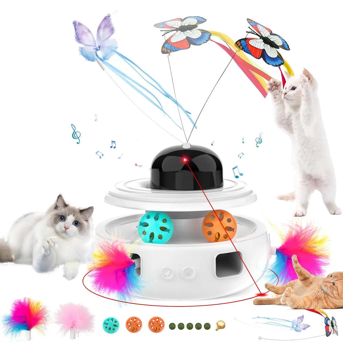 Quiet Electric Rolling Ball Cat Toy with LED Light & Feather