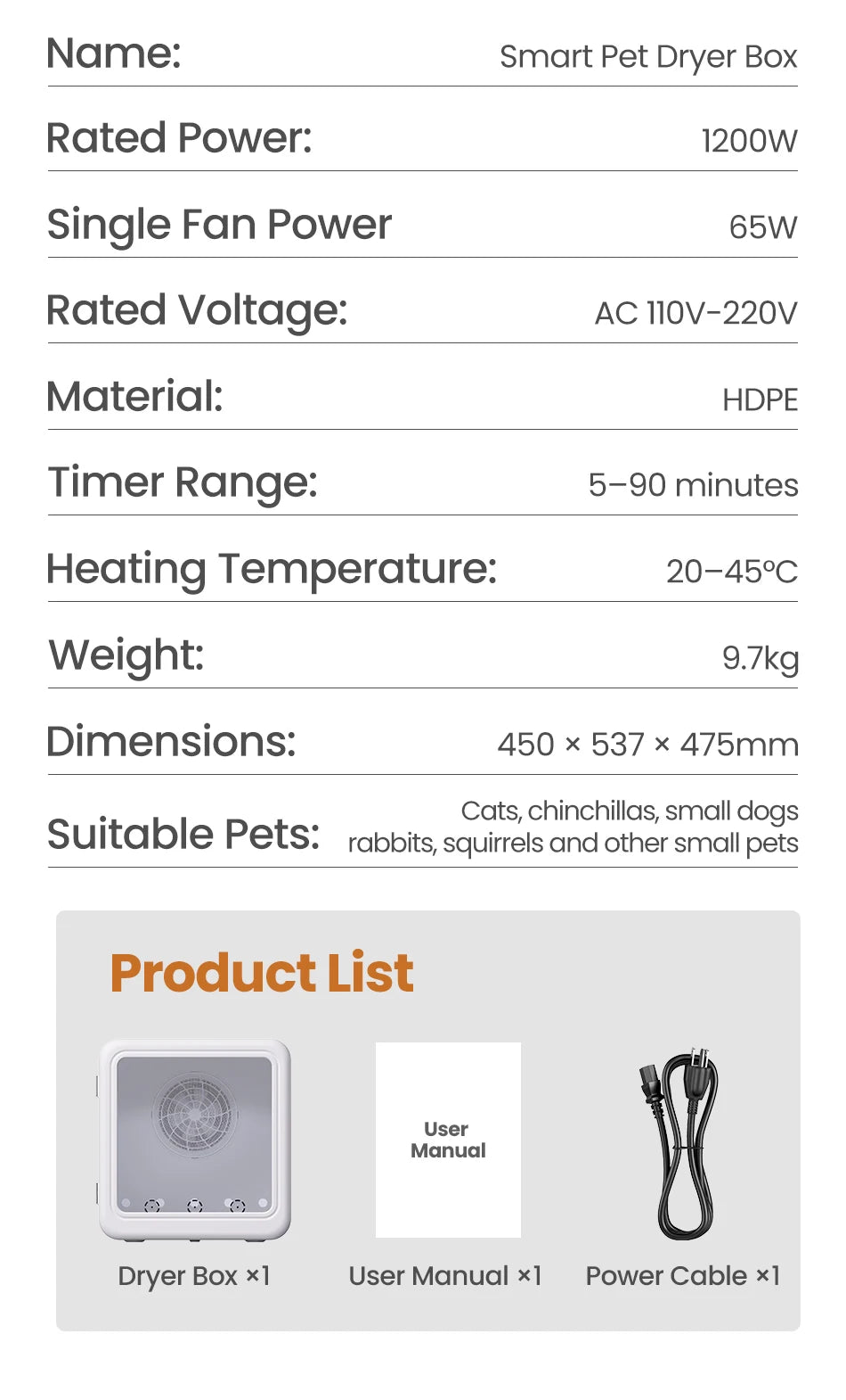 Boîte de séchage intelligente pour animaux de compagnie de 70 L avec séchage à 360° et contrôle automatique de la température