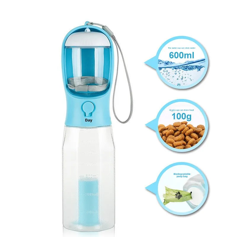 3-in-1 Dog Water Bottle with Food Storage & Waste Bag Holder