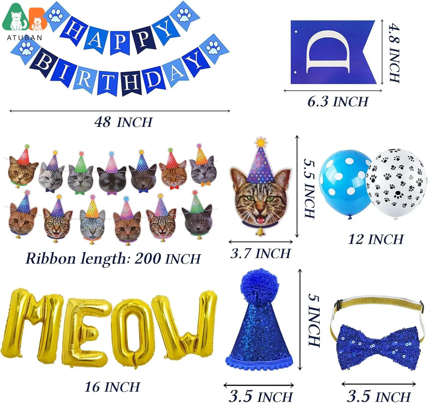 Fournitures d'anniversaire pour chat - Ensemble chapeau, bandana et nœud papillon