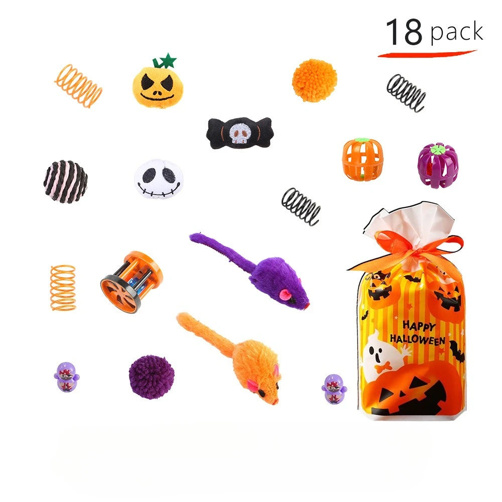 Halloween Cat Toys Set with Bats, Spiders and Pumpkins