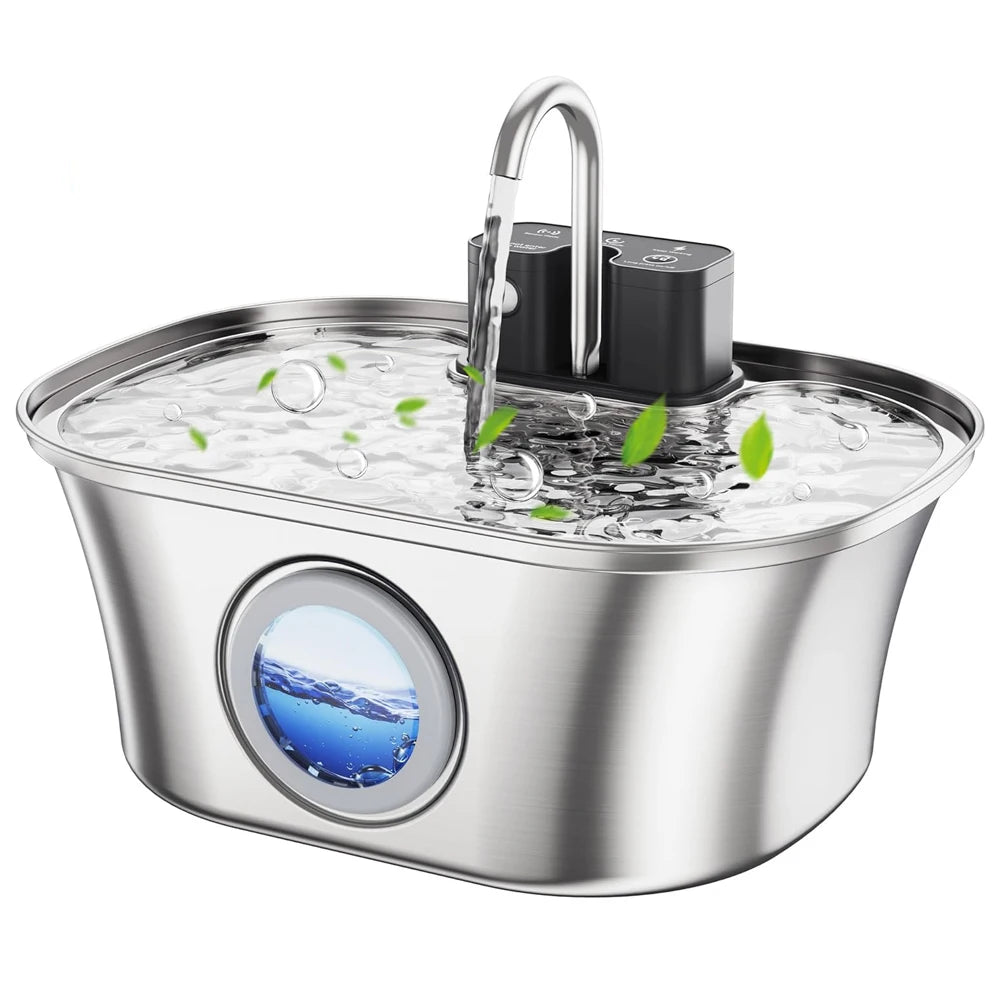 Fontaine à eau pour animaux de compagnie en acier inoxydable de 3,2 L – Recharge sans fil avec fenêtre de niveau d'eau