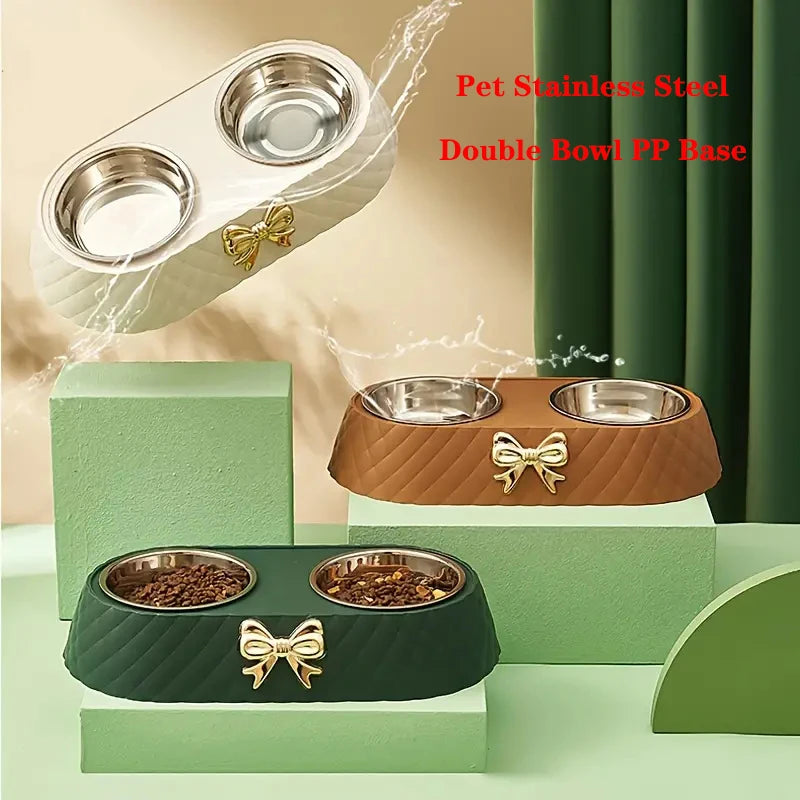 Bow-Tie Double Pet Bowl – Stainless Steel Inserts with PP Stand, for Cats & Dogs