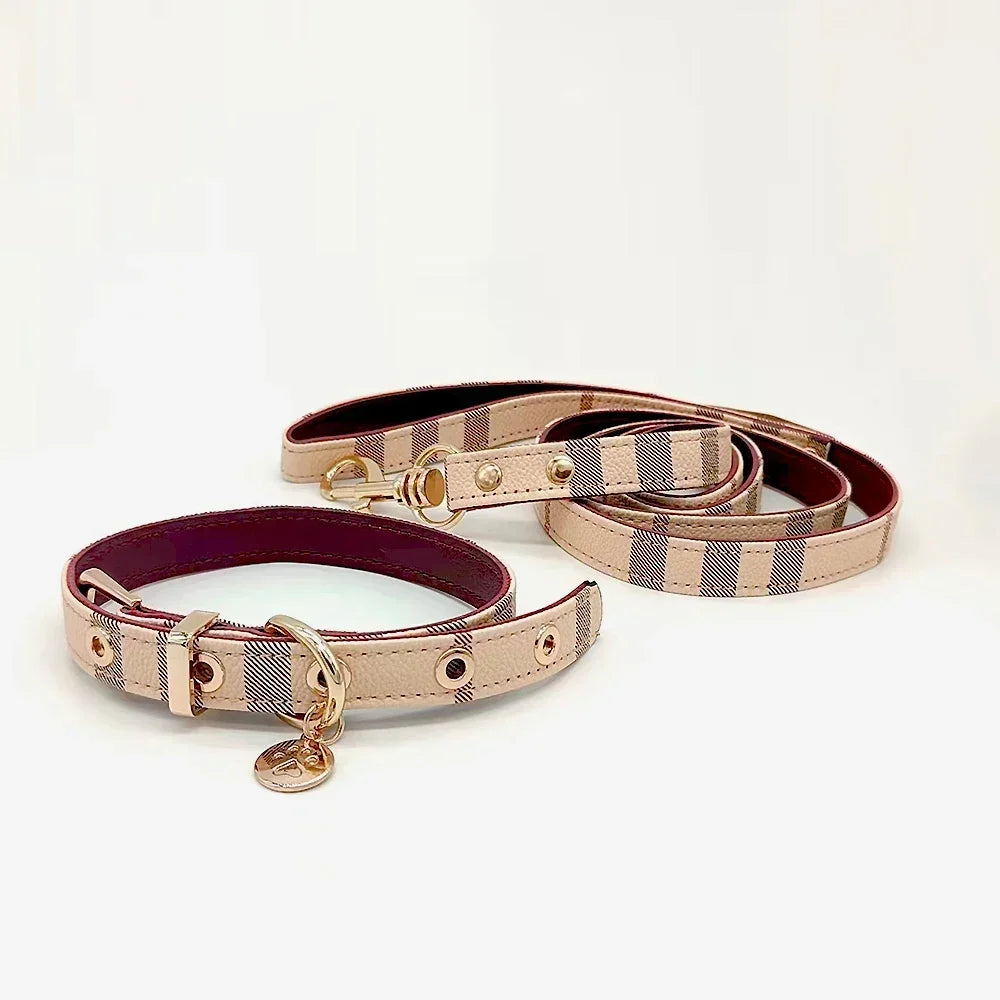 Leather Dog Collar & Leash Set – Black & White Stripe