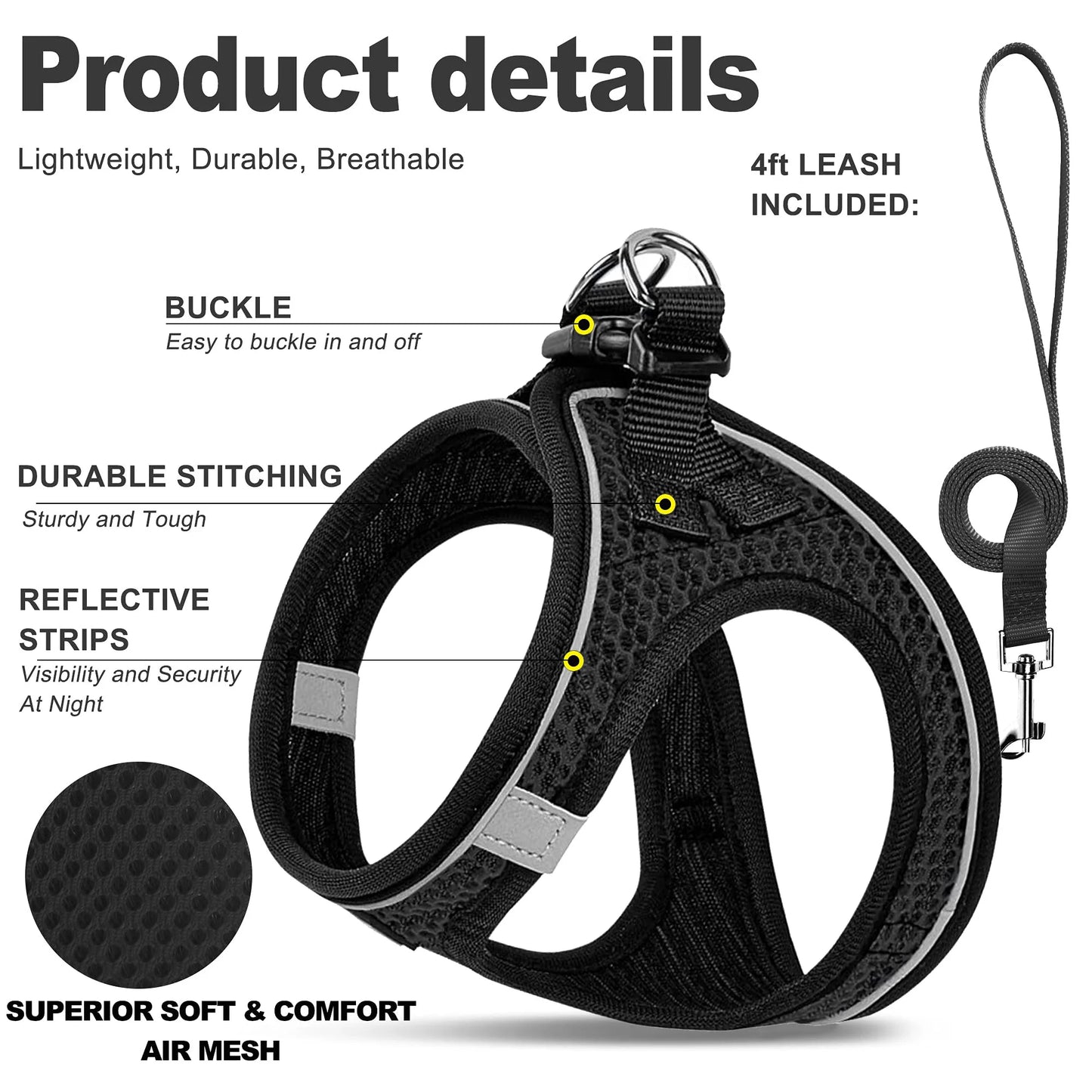 Adjustable Mesh Harness & Lead Set — Breathable Reflective Vest for Small Dogs & Cats