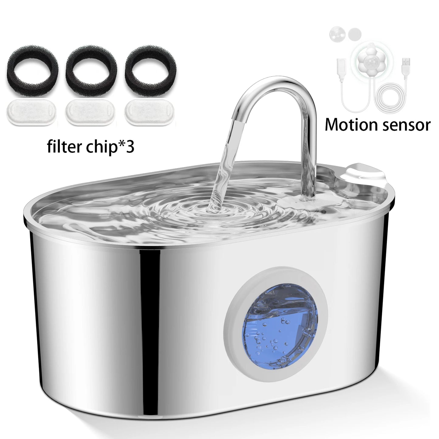 Fontaine à eau pour chat en acier inoxydable, 2,2 litres avec fenêtre de niveau d'eau et pompe à eau silencieuse pour chats et chiots