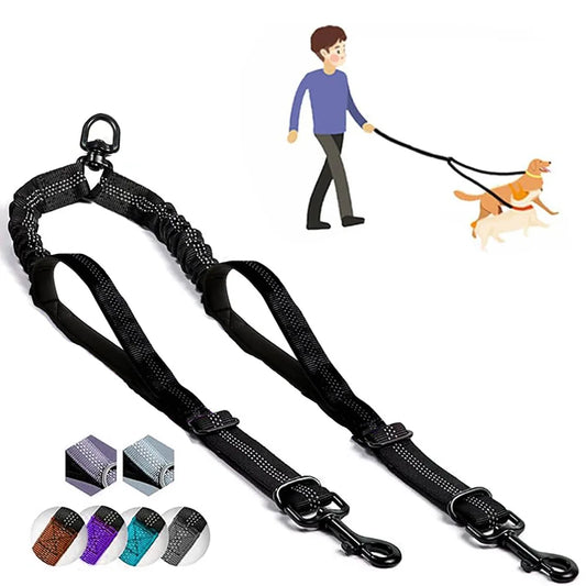 Double Dog Leash with Elastic Shock Absorber