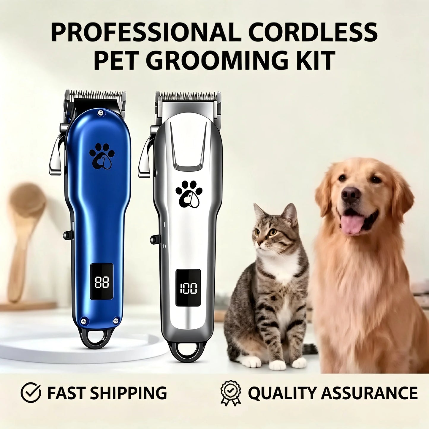 Professional Cordless Pet Grooming Clipper with LCD Display — Ultra-Quiet