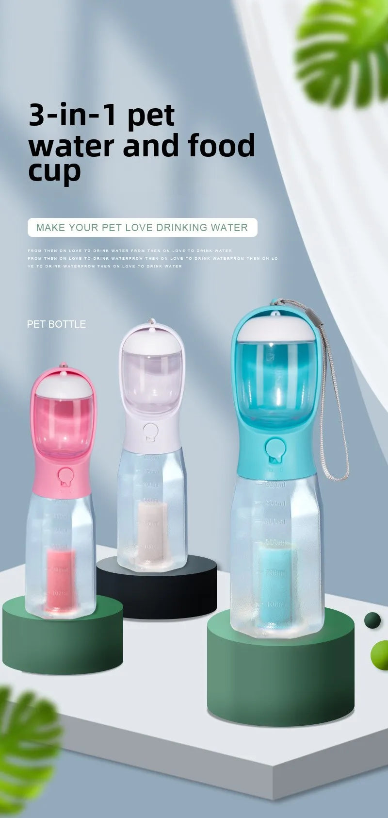 3-in-1 Dog Water Bottle with Food Storage & Waste Bag Holder