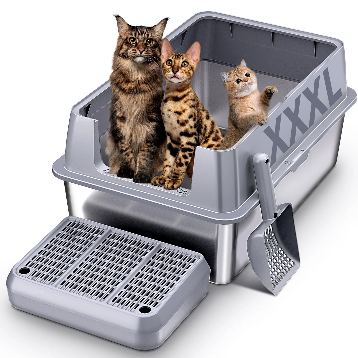 XXXL Stainless Steel Cat Litter Box with Lid — High Sides for Large & Big Cats