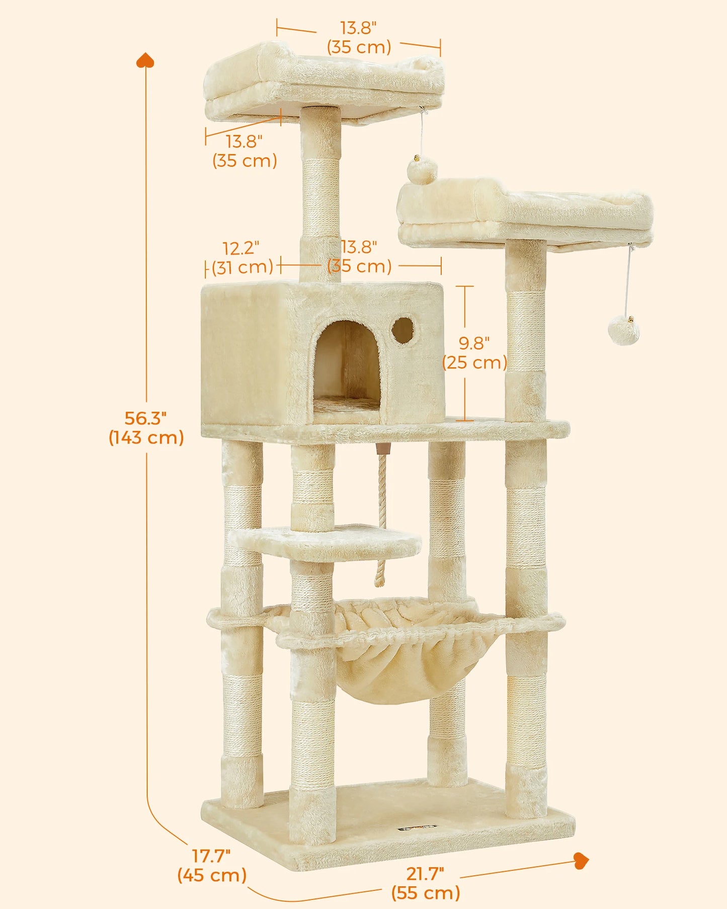 Multi-Level Cat Tree 143cm - Stable Tower with 2 Plush Perches