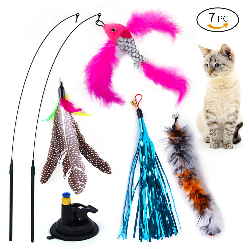 Hands-Free Suction Cup Cat Toy - Interactive Feather Wand Set