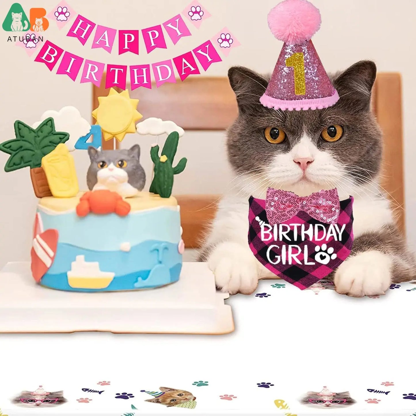 Fournitures d'anniversaire pour chat - Ensemble chapeau, bandana et nœud papillon