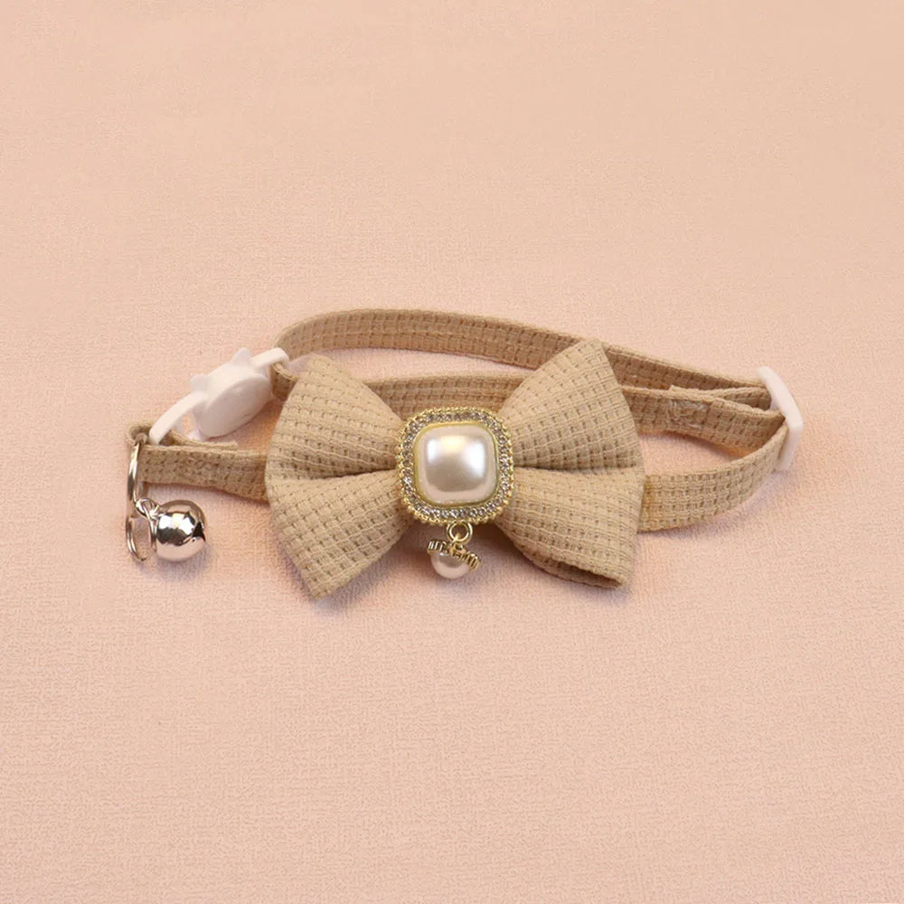 Waffle Bow & Pearl Pendant Cat Collar with Bell