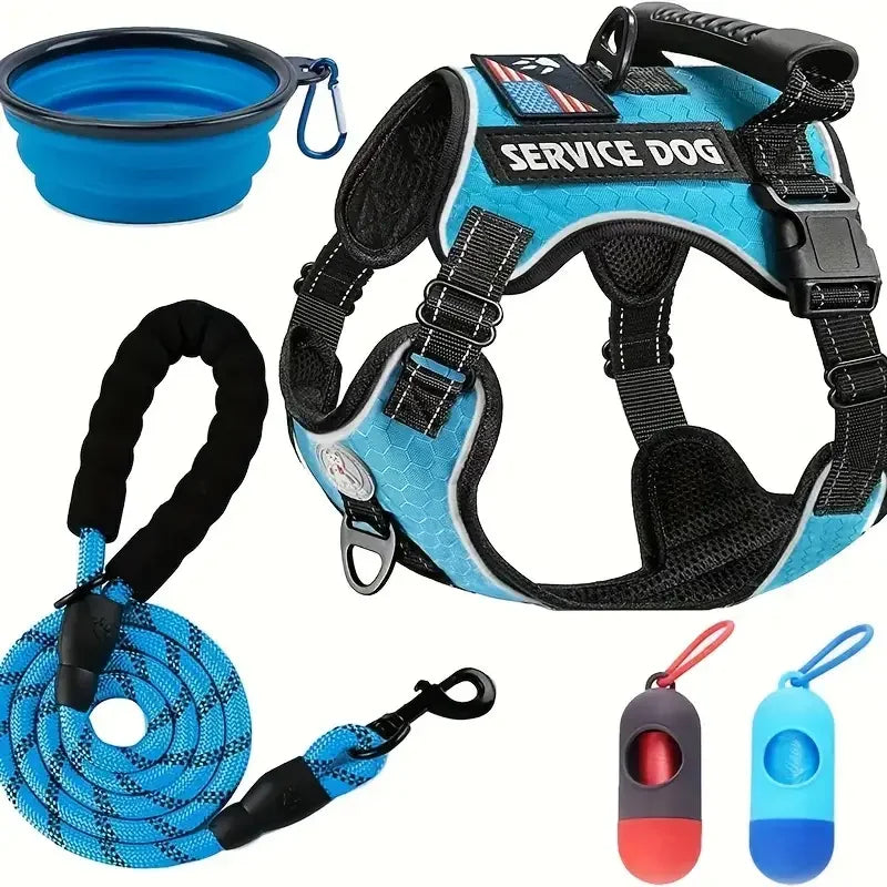 Dog Harness Set — Chest Vest, Shock-Absorbing Lead, Folding Bowl & Waste Bags