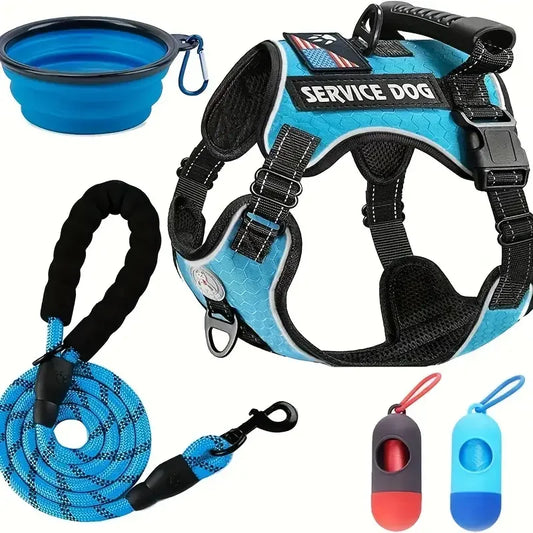 Dog Harness Set — Chest Vest, Shock-Absorbing Lead, Folding Bowl & Waste Bags