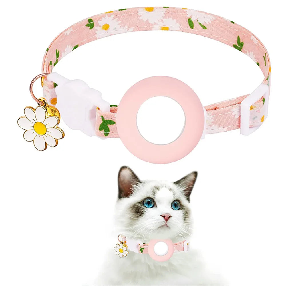 Collier de chat sécurisé avec support AirTag marguerite et grelot