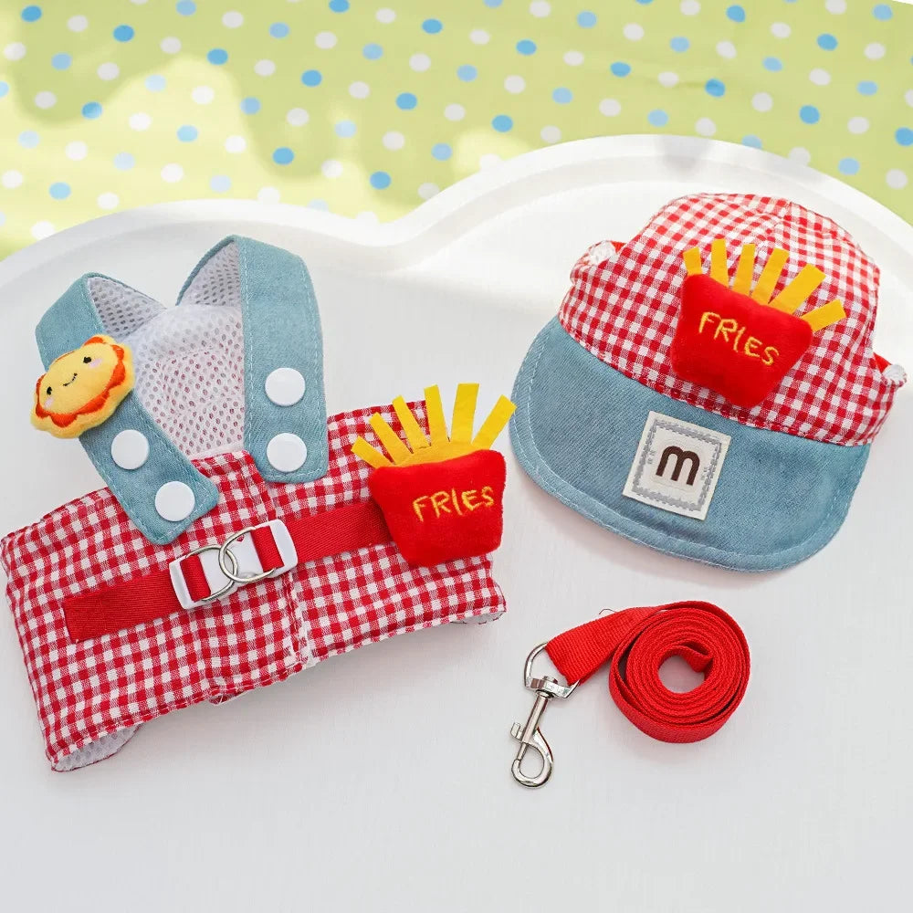 3-Piece Cartoon Pet Harness, Leash & Sun Hat Set – Vest Harness Costume for Cats & Small Dogs