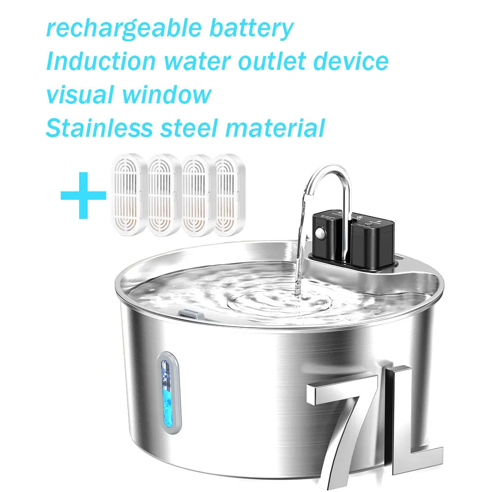 7L wireless rechargeable cat water fountain, stainless steel dog water fountain, pet water fountain with visual window