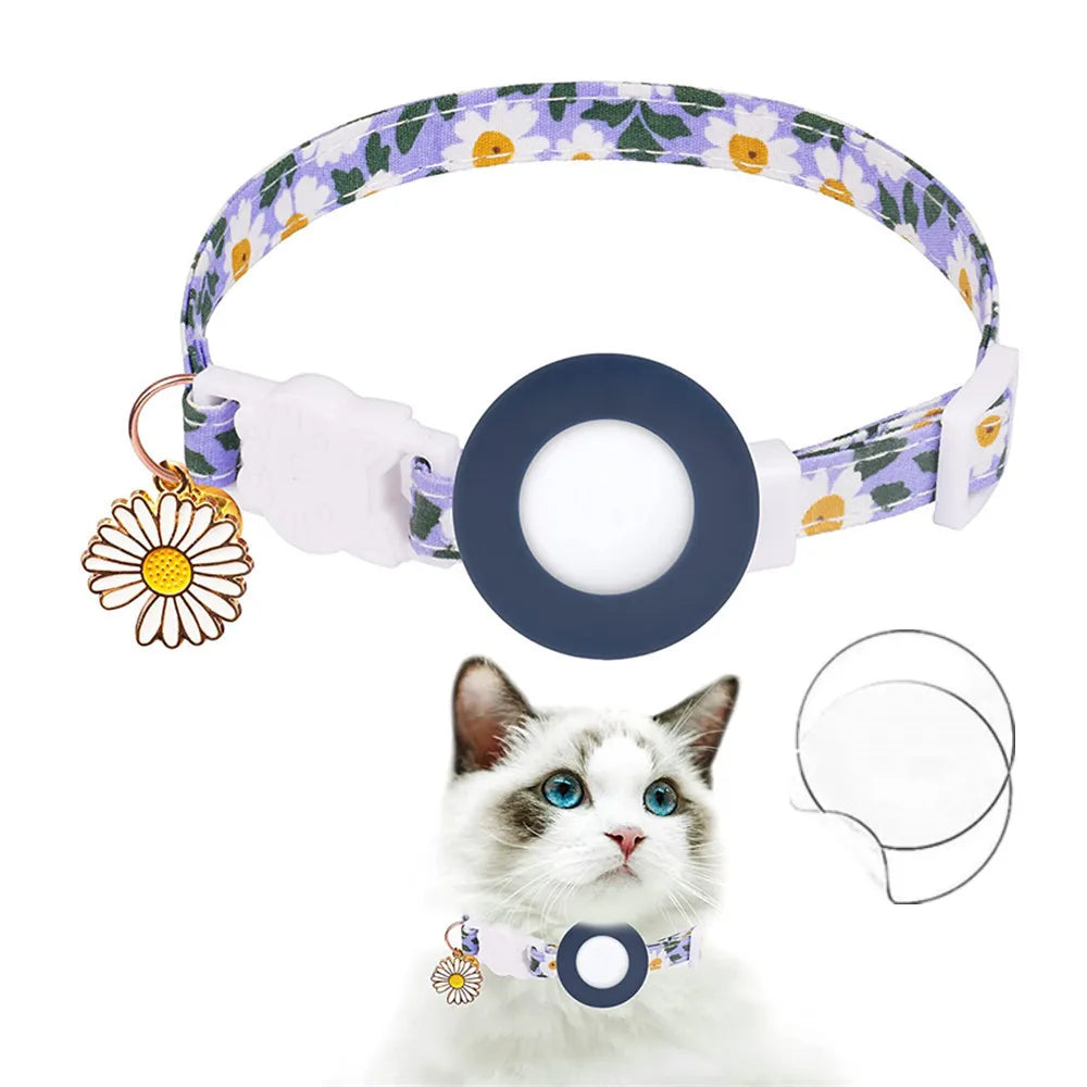 Collier de chat sécurisé avec support AirTag marguerite et grelot